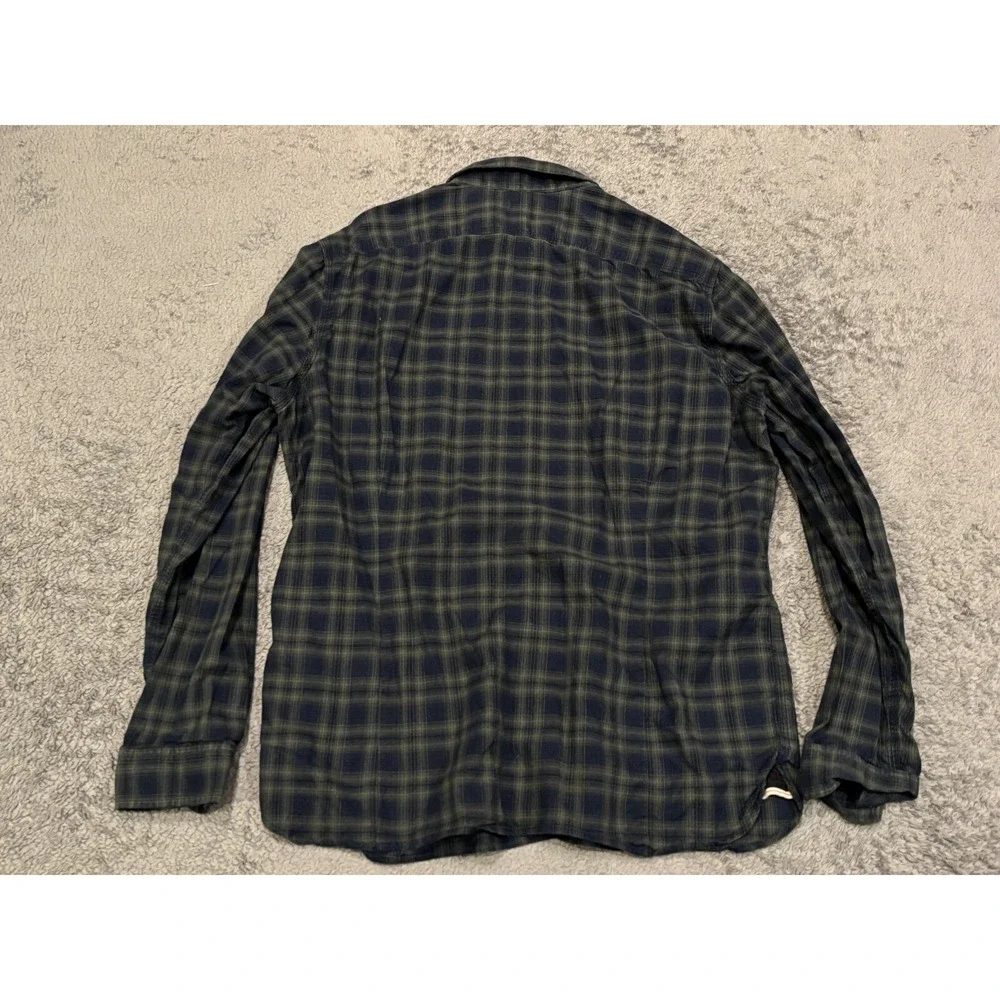 Banana Republic Shirt Mens XL Tailored Slim Fit Green Blue Plaid Pearl Snap